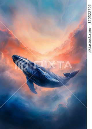 Whale soaring in pink sunset clouds over the sea, vertical poster Whale soaring in pink sunset clouds over the sea, vertical poster 120522703