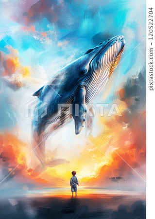 Watercolor painting with a boy watching the flight of a big blue whale over the sea and clouds, travel dream concept Watercolor painting with a boy watching the flight of a big blue whale over the sea and clouds, travel dream concept 120522704