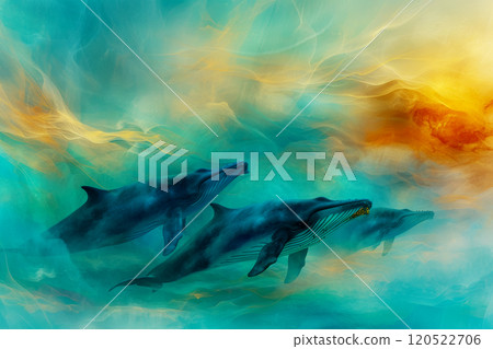 A flock of whales swimming through dreams, abstract watercolor invitation to travel A flock of whales swimming through dreams, abstract watercolor invitation to travel 120522706