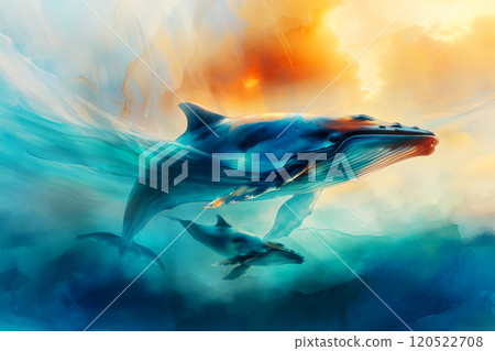 Banner with whales swimming in the ocean, sunset on a warm evening day, concept of travel and ocean protection 120522708