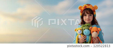 Web banner with a girl and her dolls made in Japanese amigurumi style, space for birthday gifts concept Web banner with a girl and her dolls made in Japanese amigurumi style, space for birthday gifts concept 120522813