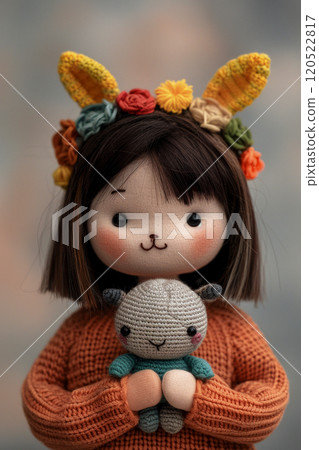 Girl doll made in Japanese amigurumi style with her favorite toy in her hands, vertical poster with gift idea 120522817
