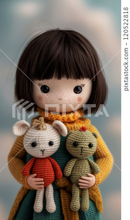 Vertical portrait of amigurumi dolls made in Japanese style, background with pink clouds, gift idea Vertical portrait of amigurumi dolls made in Japanese style, background with pink clouds, gift idea 120522818
