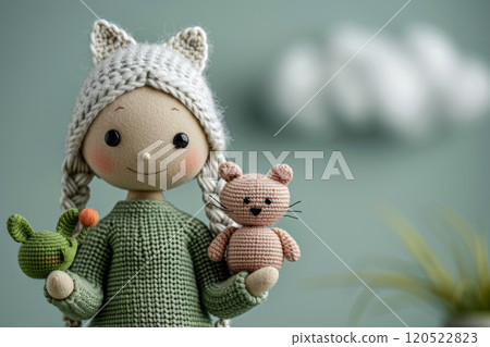 Horizontal card with traditional Japanese crochet amigurumi style toys, cute gift idea Horizontal card with traditional Japanese crochet amigurumi style toys, cute gift idea 120522823