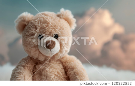 Poster with cute teddy bear on clouds background, purple fluff color, greeting card concept Poster with cute teddy bear on clouds background, purple fluff color, greeting card concept 120522832
