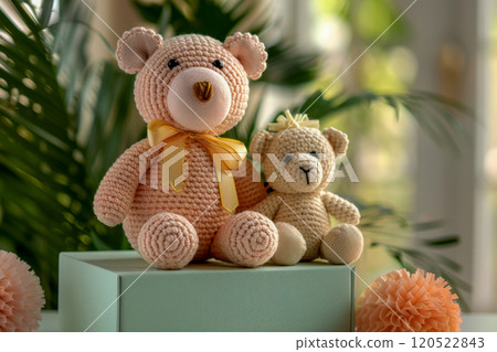 Postcard with cute Japanese amigurumi style knitted bears sitting on a packaging box to be sent to the buyer. Postcard with cute Japanese amigurumi style knitted bears sitting on a packaging box to be sent to the buyer. 120522843