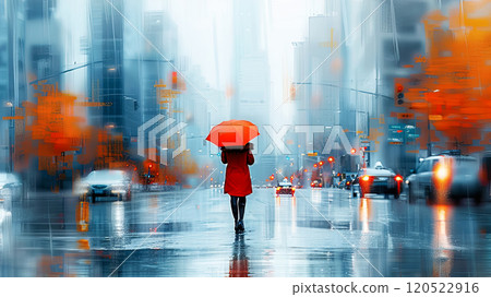 Abstract background of an autumn city, heavy rain and a woman in a red coat under an umbrella waiting at a crossroad, concept about change of seasons and advertising vitamins for prevention of colds 120522916