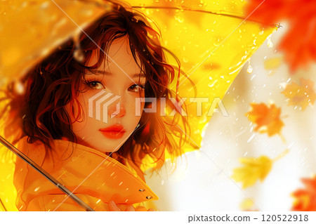 Poster with a young woman in a yellow raincoat holding a yellow umbrella against background of an autumn park and falling maple leaves, concept of autumn and taking vitamins to protect against colds 120522918