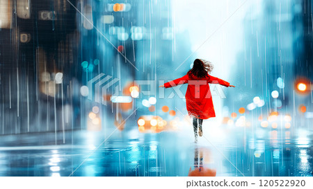 Silhouette of a young woman in a red coat walking in the autumn rain, concept for advertising vitamins for prevention and health protection 120522920