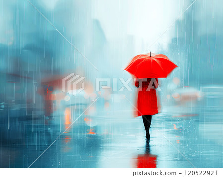 poster with image of woman in red coat walking in rain in autumn evening city, concept for advertising vitamins for health 120522921