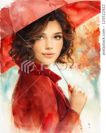 Vertical portrait of a young woman in a red coat with a red umbrella against the background of an autumn park, the concept of autumn and taking vitamins to protect against colds Vertical portrait of a young woman in a red coat with a red umbrella against the background of an autumn park, the concept of autumn and taking vitamins to protect against colds 120522922