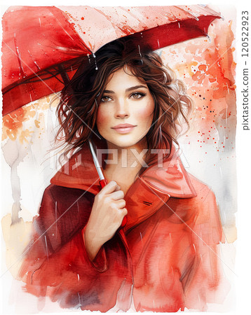 Portrait of a beautiful young woman with brown curly hair in a red coat holding a red umbrella against the background of an autumn park, the concept of autumn and protection from colds 120522923
