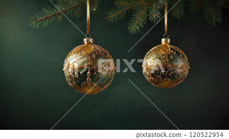 Gold ornaments on evergreen branches for the holidays Gold ornaments on evergreen branches for the holidays 120522954