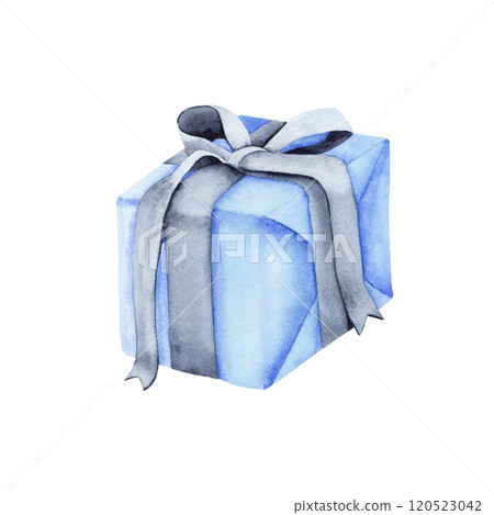 Gift. Watercolor illustration of a surprise. The drawing is made by hand. Blue gift box for the holiday 120523042
