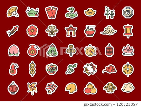 Happy Chinese New Year of Green Wooden Snake Sticker Color Thin Line Icon Set. Vector 120523057