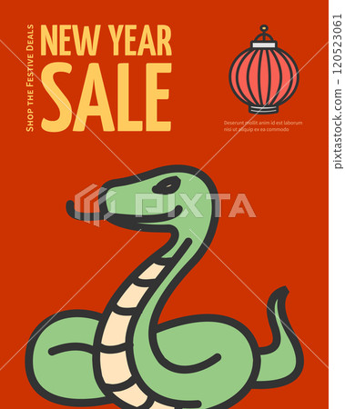 Sale and Happy Chinese New Year of Green Wooden Snake Concept Vertical Invitation Placard Poster Banner Card Template. Vector Sale and Happy Chinese New Year of Green Wooden Snake Concept Vertical Invitation Placard Poster Banner Card Template. Vector 120523061