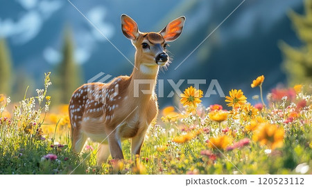 A deer grazing in a sun-drenched meadow filled with colorful flowers and fresh grass vibrant photography 120523112