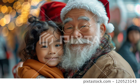 Chinese Grandfather Wearing A Santa Hat with Children Enjoying a Christmas Afternoon Together In Town. Generative AI. 120523143