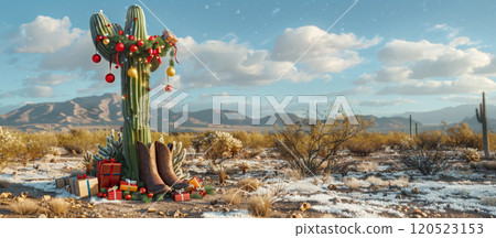 Cowboy Boots, Wrapped Presents and Cactus Decorated for Christmas Out In The Desert. Generative AI. 120523153