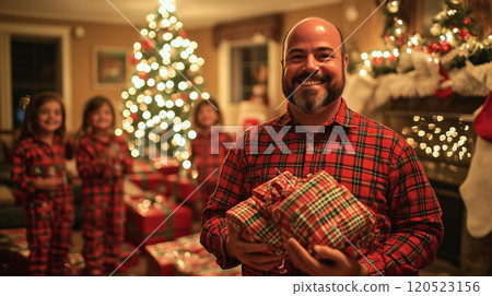 Proud Happy Father Holding Christmas Gifts with Children Near The Decorated Tree. Generative AI. 120523156