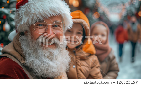 Grandfather Wearing A Santa Hat with Children Enjoying a Christmas Afternoon Together In Town. Generative AI. 120523157
