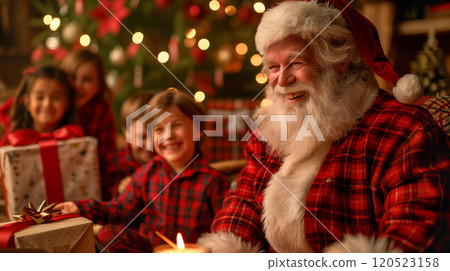Santa Claus Dressed Grandfather and Children Enjoying Their Christmas Together At Home Around the Tree. Generative AI. 120523158