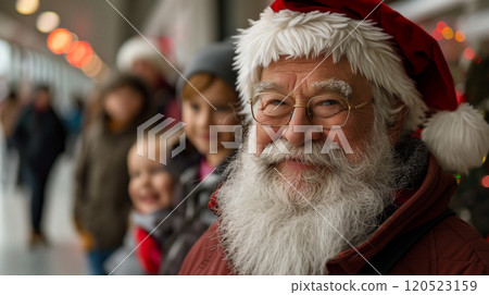 Grandfather Wearing A Santa Hat with Children Enjoying a Christmas Afternoon Together In Town. Generative AI. 120523159