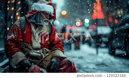 Depressed Homeless Man Wearing a Tattered Santa Claus Costume Sitting Outside In The Snow. Generative AI. 120523160