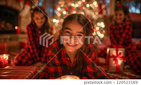 Happy Young Sisters Wearing Matching Pajamas Near the Christmas Tree. Generative AI. 120523169