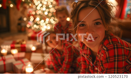 Happy Young Sisters Wearing Matching Pajamas Near the Christmas Tree. Generative AI. 120523170