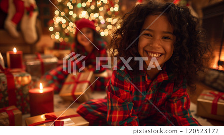 Happy Young Sisters Wearing Matching Pajamas Near the Christmas Tree. Generative AI. 120523172