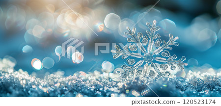 Beautiful Natural Snowflake Close-up In A Snowy Winter Scene Banner. Generative AI. Beautiful Natural Snowflake Close-up In A Snowy Winter Scene Banner. Generative AI. 120523174