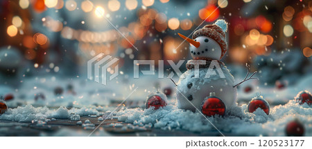 A Cheerful Christmas Snowman in a Winter Snowy Scene Banner. Generative AI. 120523177