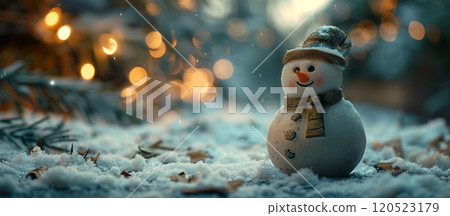 A Cheerful Christmas Snowman in a Winter Snowy Scene Banner. Generative AI. 120523179