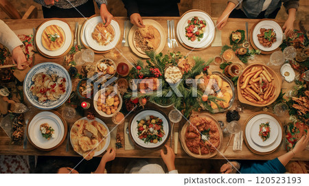 Directly Overhead Family and Friends Enjoy A Delicious Variety of Holiday Food At The Table. Generative AI. 120523193