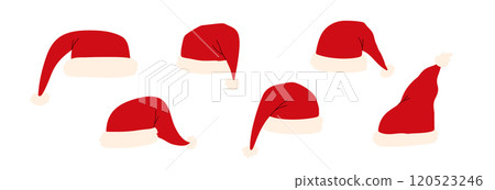 Cute cartoon Santa hat with soft details set. Classic Xmas cap for holiday icons. Flat vector illustration isolated on white background. 120523246
