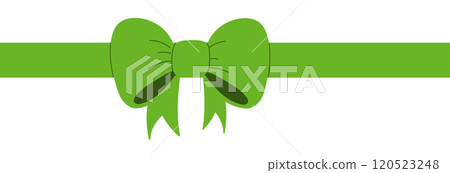 Green silk ribbon with tied bow placed horizontally. Christmas or birthday gift decoration isolated on white background. Green silk ribbon with tied bow placed horizontally. Christmas or birthday gift decoration isolated on white background. 120523248