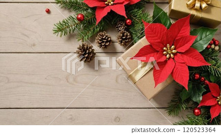 Christmas wreath on a wooden table 120523364