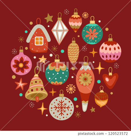 Christmas and New Year greeting card with decorations. 120523572