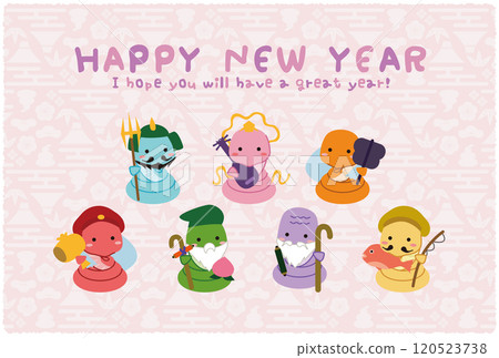 新年快樂七福神可愛粉紅和紫色 2025 新年卡 新年快樂七福神可愛粉紅和紫色 2025 新年卡 120523738