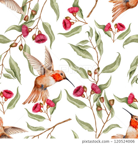 Tropical Hummingbird, eucalyptus with flowers seamless pattern on white background. Watercolor illustration for textile, fabric, wallpaper, card, packaging, party. 120524006