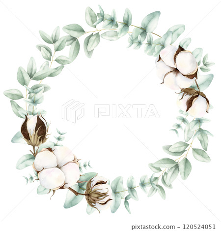 Cotton and green eucalyptus leaves round frame. Watercolor hand drawn illustration isolated on white background. Elegant botanical wreath with copy space for text. Wedding invitation, postcards. Cotton and green eucalyptus leaves round frame. Watercolor hand drawn illustration isolated on white background. Elegant botanical wreath with copy space for text. Wedding invitation, postcards. 120524051