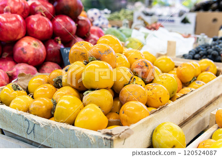 market juicy green harvest vegetable raw fruit fresh organic persimmon vegetarian food health 120524087