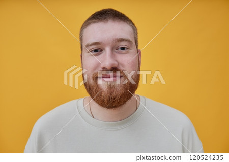 Portrait of positive young red bearded man smiling at camera while standing against vivid yellow background in studio, copy space Portrait of positive young red bearded man smiling at camera while standing against vivid yellow background in studio, copy space 120524235