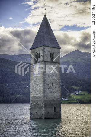 The iconic submerged Church Tower of Graun, Lake Reschensee, Italy 120524468