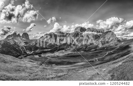Panoramic view of Langkofel and Sella groups, Dolomites, Italy Panoramic view of Langkofel and Sella groups, Dolomites, Italy 120524482