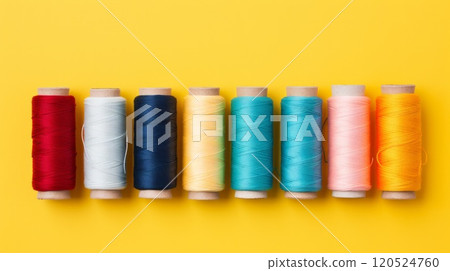 Spool of sewing thread. Colored yarns used by factories in the clothing industry. Neural network ai generated art 120524760