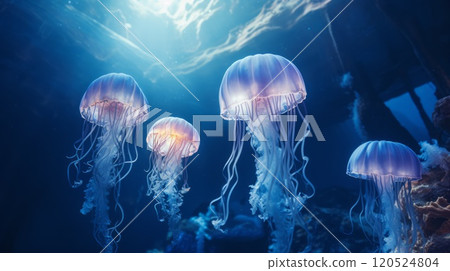 Many light blue jellyfishes in deep dark blue water. Neural network ai generated art Many light blue jellyfishes in deep dark blue water. Neural network ai generated art 120524804