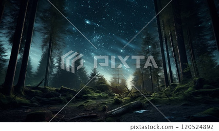 Dark forest and stars on sky at night. Neural network ai generated art 120524892