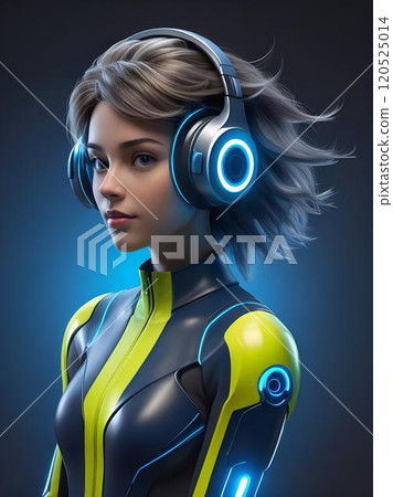 girl in headphones immersed in a virtual reality world on a blue background 120525014